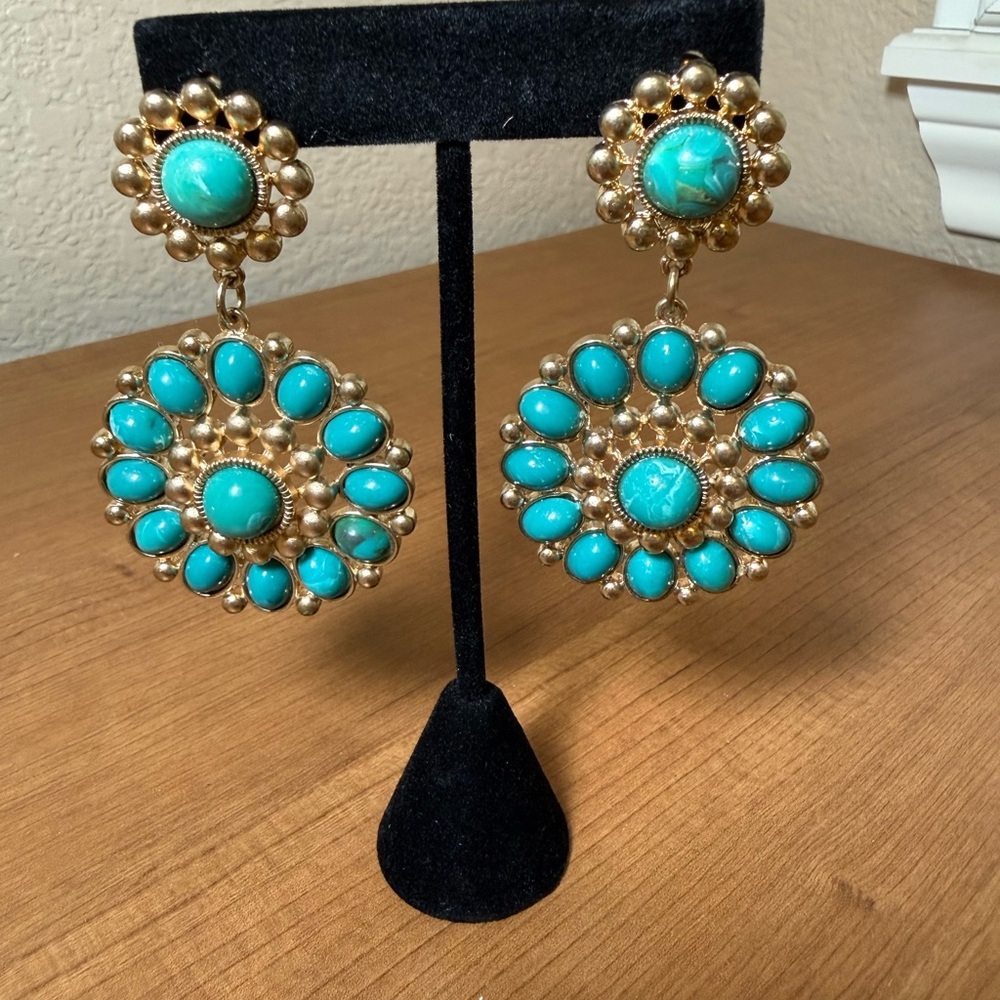 Turquoise Gold Floral Concho Style Stud Dangle Earrings 3"